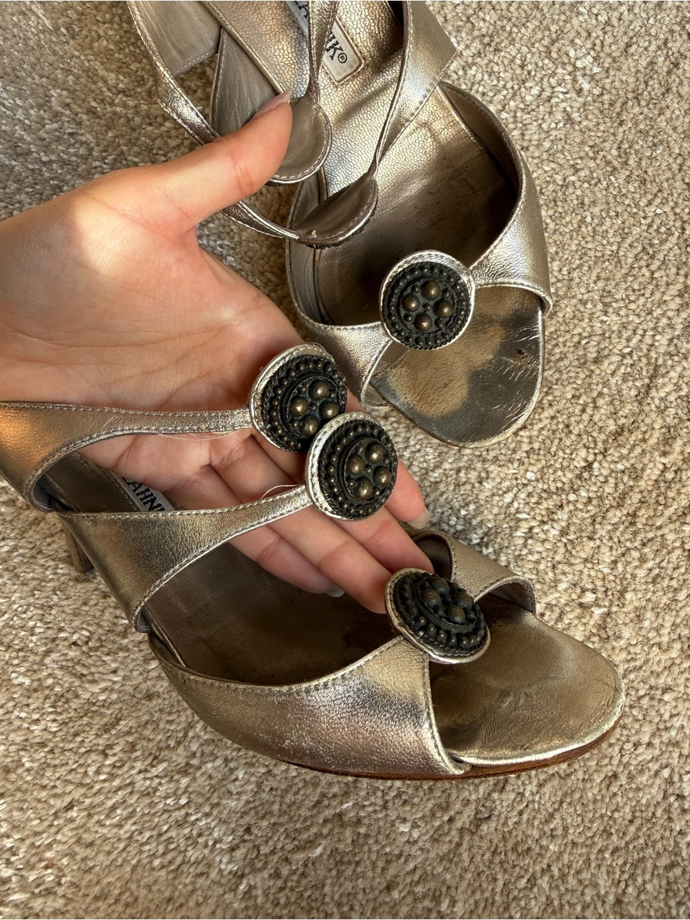 Vintage Manolo Blahnik Metallic Silver Embelished Sandal Heels - Picture 3 of 6